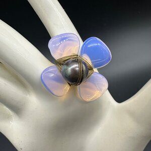 Opalite Ring Copper Wire Flower Power Handmade Floral Blue Purple Size 6.5